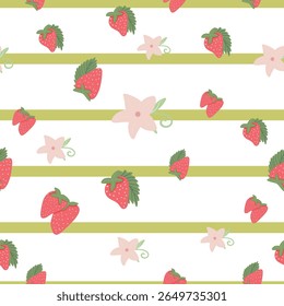 Strawberry Seamless Vector Patterns with Floral and Polka Dot Elements