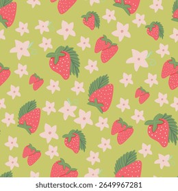 Aardbei Naadloze Vector Patronen met Bloemen en Polka Dot Elementen