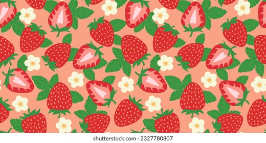 Strawberry seamless vector repeat pattern background, repeating wallpaper