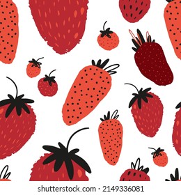 Strawberry season cute seamless pattern with red berries. Wallpaper, fabric print, textile summer vibe design. Vector background