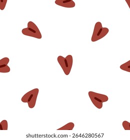 Strawberry Seed Seamless Pattern. Minimal seamless pattern with stylized strawberry seeds scattered on white background. Flat cartoon style with red and brown palette.