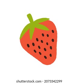 Strawberry with seeds and leaf. Fresh ripe red berry icon. Sweet natural garden food in doodle style. Flat vector illustration isolated on white background.