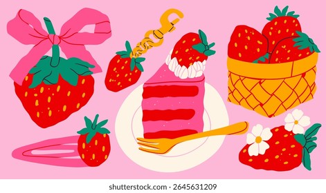 Strawberry set. Berry with bow ribbon, strawberry keychain, hair clip, basket with berries, cheesecake on plate. Hand drawn Vector illustration. Isolated design elements. Summer fresh sweets concept