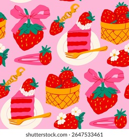 Strawberry set. Berry with bow ribbon, strawberry keychain, hair clip, basket with berries, cheesecake on plate. Hand drawn Vector illustration. Summer fresh sweets concept. Square seamless Pattern