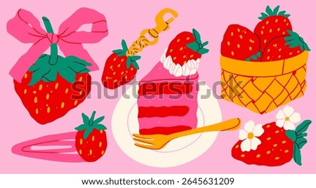 Strawberry set. Berry with bow ribbon, strawberry keychain, hair clip, basket with berries, cheesecake on plate. Hand drawn Vector illustration. Isolated design elements. Summer fresh sweets concept