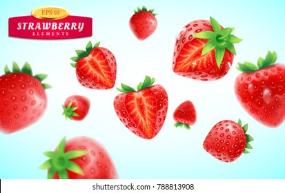 Strawberry set, detailed realistic ripe fresh strawberries with half and quarter of berry and green leaves with water droplets isolated on a blue background. 3d vector illustration.