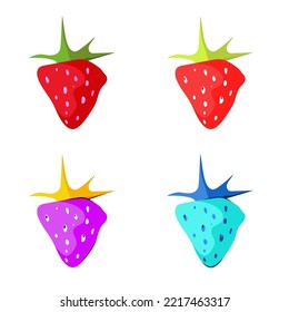 Strawberry. Set in different colors. Red strawberries. Blue, icy strawberries. Orange-yellow strawberries. Flat style.