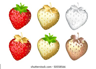 Strawberry Set: Fresh, Golden, Silver, Bronze. Isolated On White