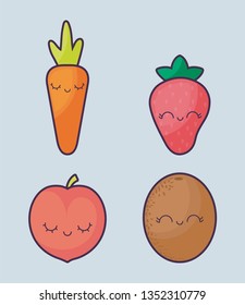 strawberry with set fruits kawaii character