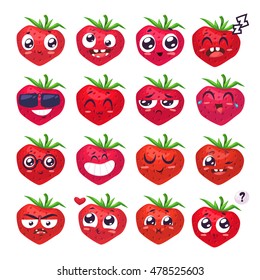 Strawberry set of funny smiles. Fruit and food collection. Vector cartoon illustration. Cute stylish characters.