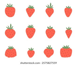 Strawberry set. Hand drawn berries. Cartoon food for baby food design. Freehand color icons, badges, symbols. Big collection of cute strawberry clip art. Healthy food, vegetarian sweetness dessert.