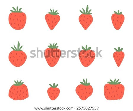 Strawberry set. Hand drawn berries. Cartoon food for baby food design. Freehand color icons, badges, symbols. Big collection of cute strawberry clip art. Healthy food, vegetarian sweetness dessert.