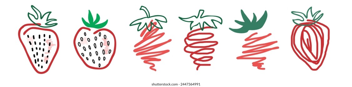 Strawberry set hand drawn doodle lineart sketch isolated on white. Scribble vector Food for sticker, logo, diet concept, farmers market. Sketch Logo illustration of healthy berry. Red strawberries