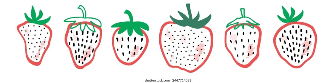 Strawberry set hand drawn doodle lineart sketch isolated on white. Scribble vector Food for sticker, logo, diet concept, farmers market. Sketch Logo illustration of healthy berry. Red strawberries.