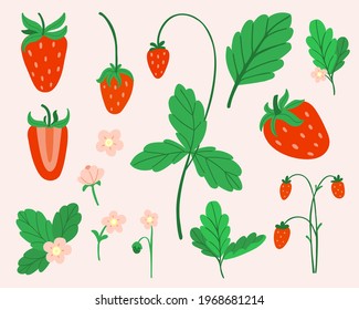 Strawberry Set. Hand Drawn Fresh Forest Or Garden Berry Collection. Whole Juicy Berries, Bush With Green Leaves And Flowers Doodle Summer Element. Vector Cartoon Minimalistic Isolated Illustration