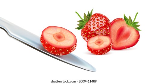 Strawberry set isolated with strawberries slice of pieces element in the middle on white background. Realistic vector in 3D illustration.