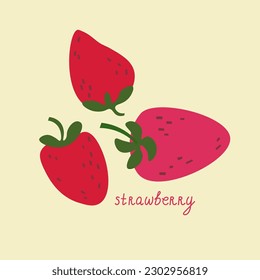 Strawberry. Set with ripe berries, fruits and text. Hand drawn. Fresh strawberries ,eco product, fruit market.Design element. For label, postcard, poster, print, badge, flyer. Flat vector illustration
