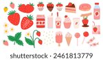 Strawberry set. Summer refreshing drinks, sweets and desserts with taste of strawberries. Chocolate strawberry. Flowers, petals, strawberries. Flat Vector illustration isolated on white background