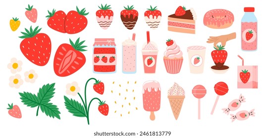 Strawberry set. Summer refreshing drinks, sweets and desserts with taste of strawberries. Chocolate strawberry. Flowers, petals, strawberries. Flat Vector illustration isolated on white background