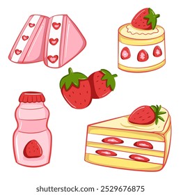 Strawberry set. Summer refreshing drinks, sweets and desserts with taste of strawberries. Flat Vector illustration isolated on white background