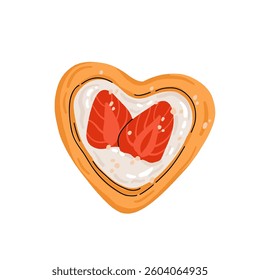 Strawberry set. Summer sweets and desserts with taste of strawberries. Chocolate strawberry, cookie, sandwich, mochi, cheesecake, tanghulu. Flat Vector illustration with flowers and leaves.