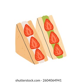 Strawberry set. Summer sweets and desserts with taste of strawberries. Chocolate strawberry, cookie, sandwich, mochi, cheesecake, tanghulu. Flat Vector illustration with flowers and leaves.