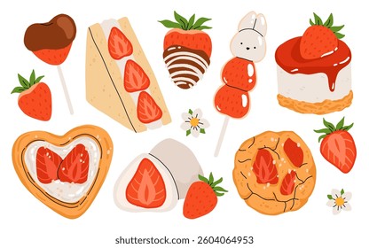 Strawberry set. Summer sweets and desserts with taste of strawberries. Chocolate strawberry, cookie, sandwich, mochi, cheesecake, tanghulu. Flat Vector illustration with flowers and leaves.