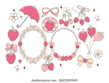 Strawberry set with Strawberry Umbrella, Ribbon Bows, Balloons and Vintage Frame Doodle Cartoon Style Hand Drawn Elements Vector