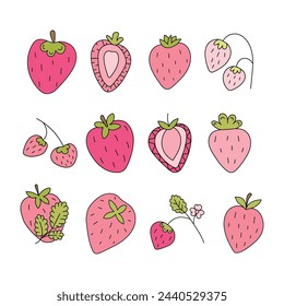 Strawberry set. Vector illustration in doodle style. Isolated on white background