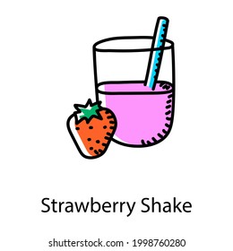Strawberry shake doodle icon, editable vector 