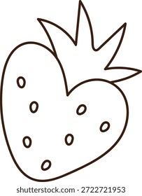 Fresa en forma de corazón con corona de hojas y marcas de semillas en línea audaz. Símbolo de amor, salud, frescura y comida orgánica. Ilustración vectorial de dibujos animados.