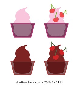 Strawberry sherbet and chocolate pudding in glass container. Dessert in a cup. Ice cream with a cherry on top. Sweet icons for bakeries, ice cream parlour, stickers. Vector illustration, EPS 10.