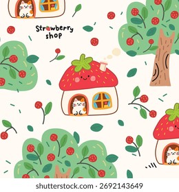 Strawberry Shop Cartoon Vector Pattern Seamless