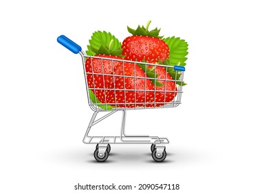 Strawberry in shopping cart isolated on white background. Side view.  Vector illustration.