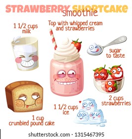 Strawberry Shortcake smoothie recipe illustration with funny characters. Milkshake ingredients cartoon vector icons isolated on white background