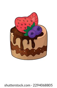 Strawberry shortcake. Strawberries and blueberries on chocolate icing on a cupcake. Kids illustration of a sweet dessert for books, coloring books, prints, etc.