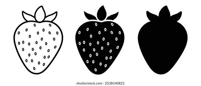 Strawberry silhouette illustrations set, hand drawn botanical outline drawing, monochrome strawberry icon. Doodle of sweet strawberry line art vector icon for food apps and websites.