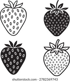 Strawberry silhouette and line drawing set. Black and white berry icons, fruit outline collection, vector illustration isolated on white background.