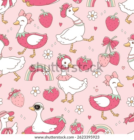 Strawberry Silly Goose Seamless Pattern Isolated on Pink Background Vector