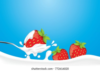 Strawberry in silver spoon with yogurt or milk splash, blue gradient background vector illustration, copy space