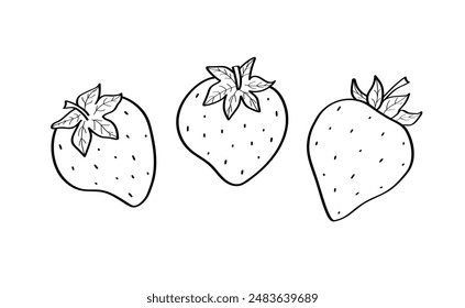 Erdbeer-Skizze Symbole gesetzt. Vektorillustration von Cartoon Erdbeeren mit Blättern, Doodle-Stil.