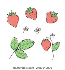 Conjunto de iconos de boceto de fresa. Ilustración vectorial de fresas de dibujos animados con hojas, estilo doodle.