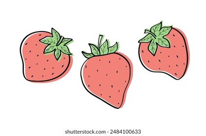 Strawberry sketch icons set. Vector illustration of cartoon strawberry berries with leaves, doodle style.
