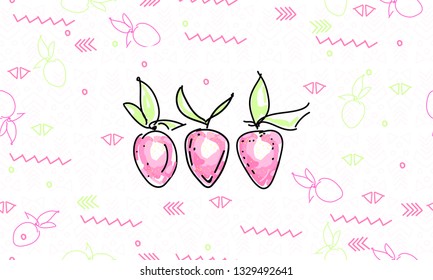 Strawberry sketch pattern pink drawing green cartoon set fruit isolated vector vector juicy summer cider background new