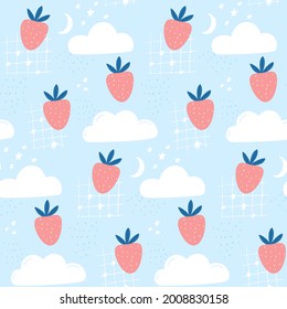Fresa en el cielo, los niños adoran el patrón de tela y papel pintado. Fondo sin igual con nubes, luna y estrellas