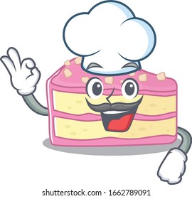 Strawberry slice cake cartoon character working as a chef and wearing white hat
