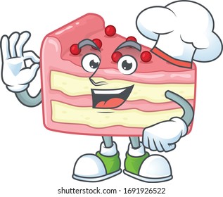 Strawberry slice cake cartoon design style proudly wearing white chef hat