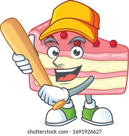 Strawberry slice cake cartoon design concept of hold baseball stick