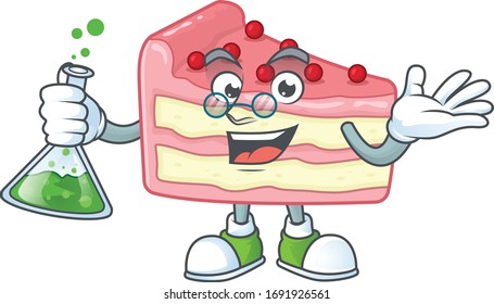 Strawberry slice cake genius Professor Cartoon character holding glass tube