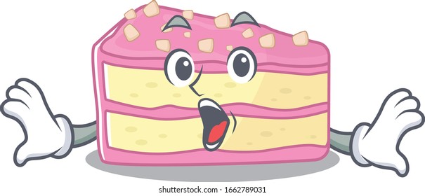 Strawberry slice cake mascot design concept with a surprised gesture